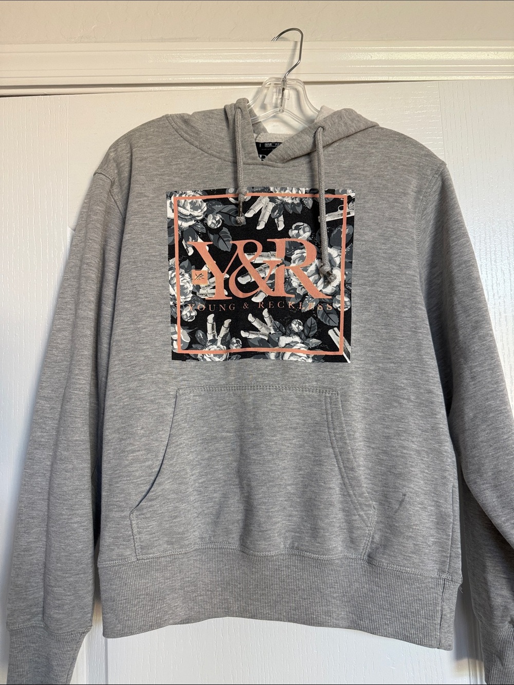 Young & Reckless Gray Pullover Hoodie with Peach Floral Logo
